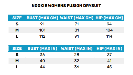 2025 Nookie Womens Fusion Drysuit 0 Størrelsesskema